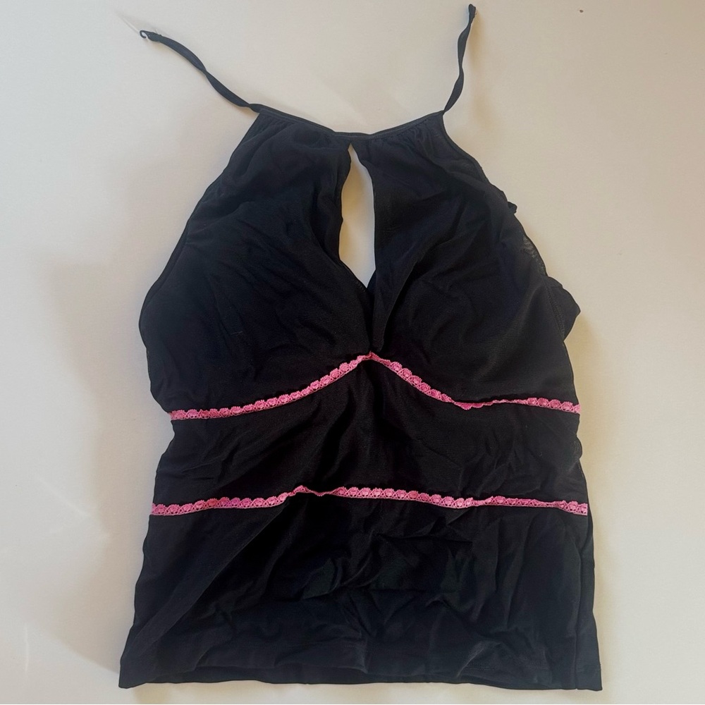90s Y2K Black Halter Top w/ Cutout and Pink Lace Accents
